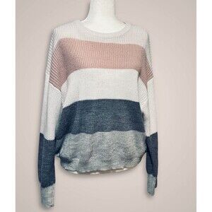 Lark + GREY Oversized Knit Sweater Grey Pink Cream Wide Stripes Size Large